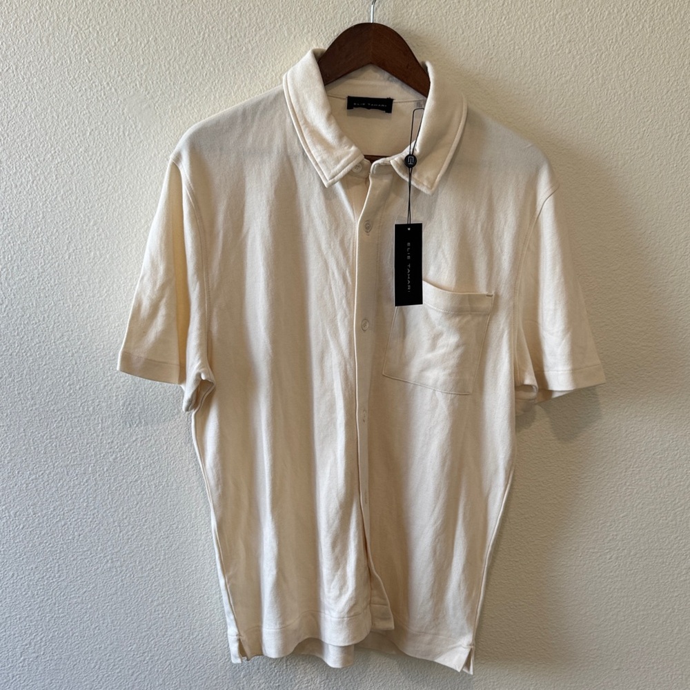 Elie Tahari Cream Short-Sleeve Button Polo with Chest Pocket